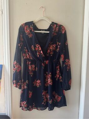 Wet Seal Navy Floral Wrap-Style Long Sleeve Dress